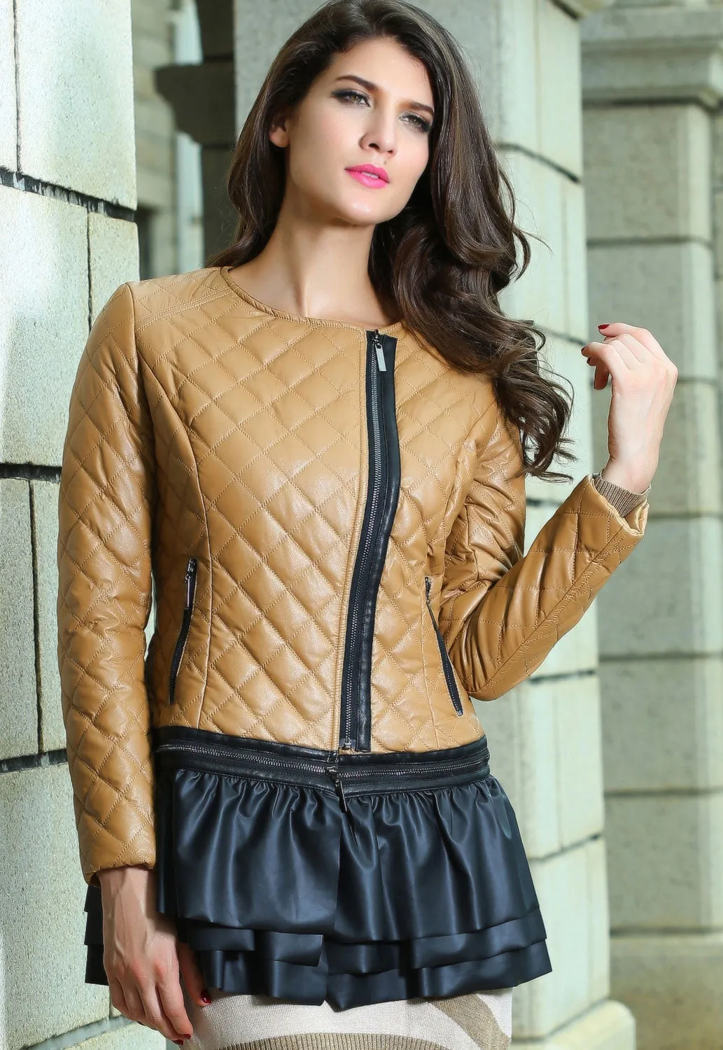 Sexy Stylish Khaki Collarless Quilted PU Womens Jacket