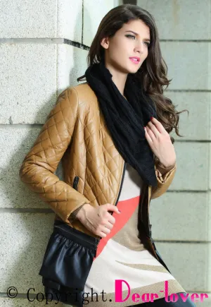 Sexy Stylish Khaki Collarless Quilted PU Womens Jacket