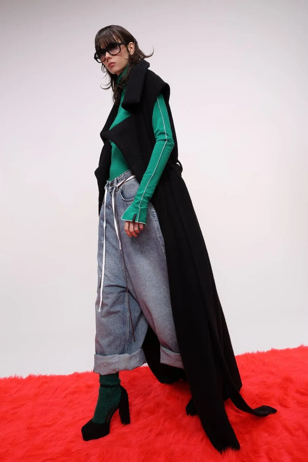 Sleeveless Belted Wool Coat