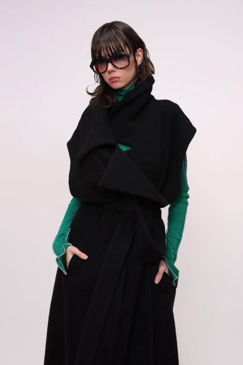 Sleeveless Belted Wool Coat