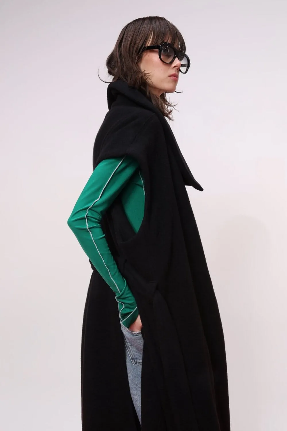 Sleeveless Belted Wool Coat