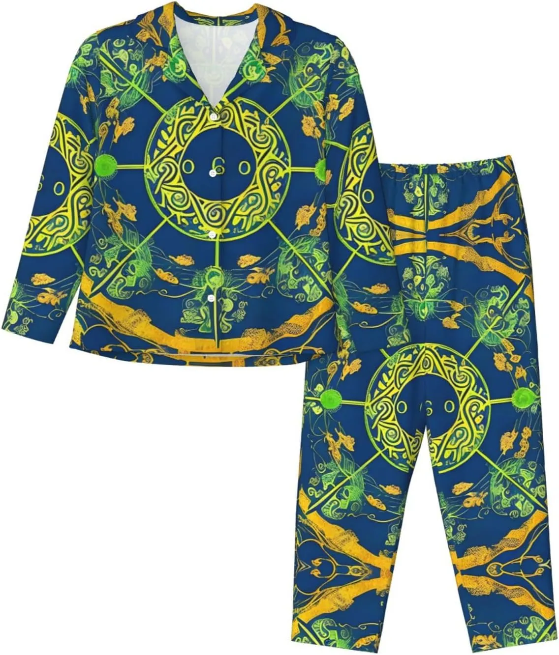 Soft Women's Pajama Set Long Sleeve - Yin Yang Totem Print Cozy Sleepwear Loungewear Pjs, for Relaxing at Home
