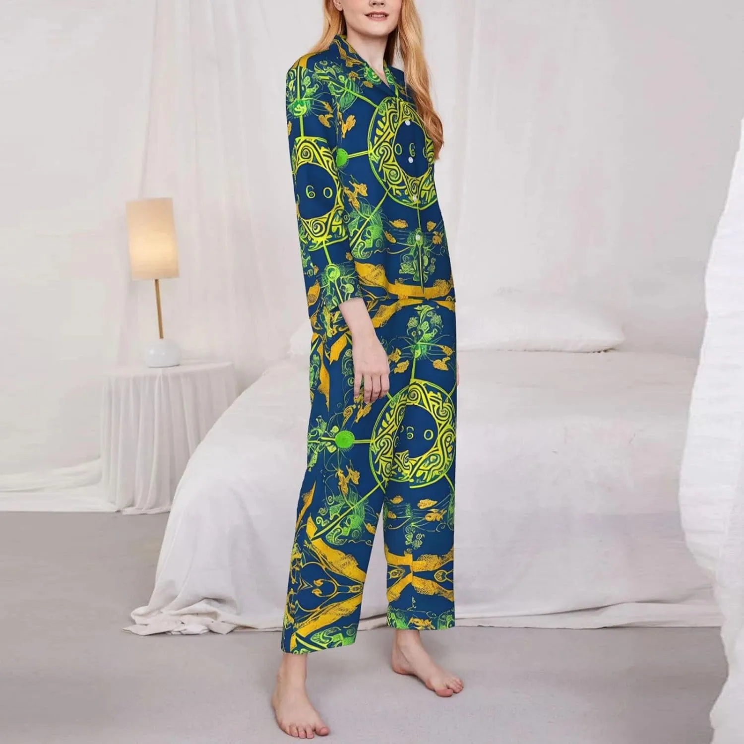 Soft Women's Pajama Set Long Sleeve - Yin Yang Totem Print Cozy Sleepwear Loungewear Pjs, for Relaxing at Home