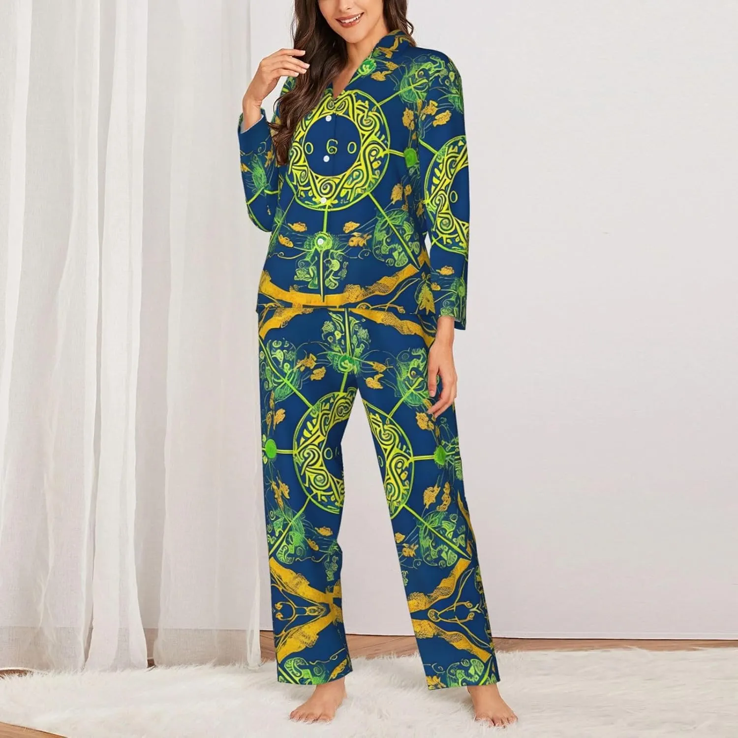 Soft Women's Pajama Set Long Sleeve - Yin Yang Totem Print Cozy Sleepwear Loungewear Pjs, for Relaxing at Home