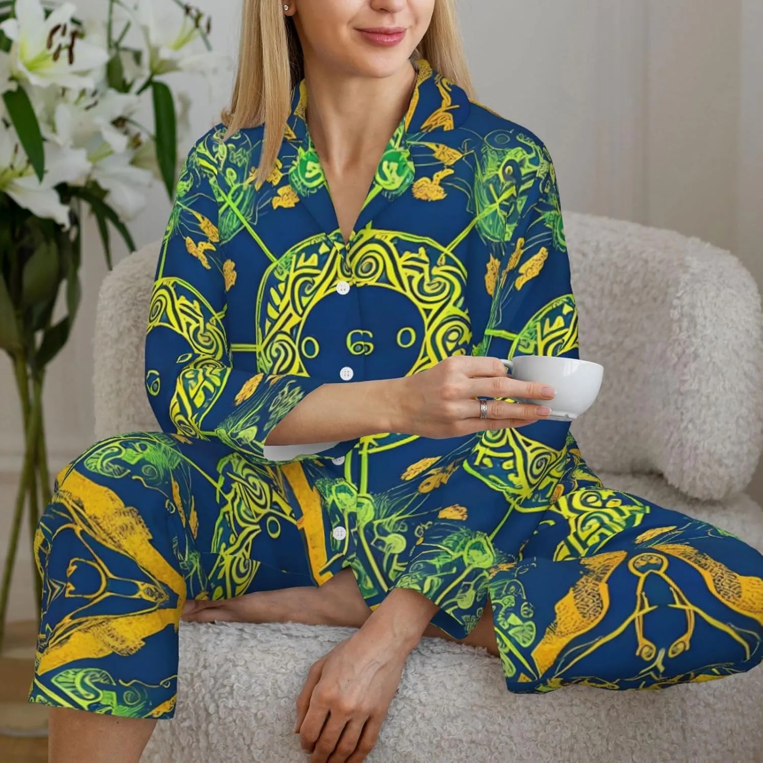 Soft Women's Pajama Set Long Sleeve - Yin Yang Totem Print Cozy Sleepwear Loungewear Pjs, for Relaxing at Home
