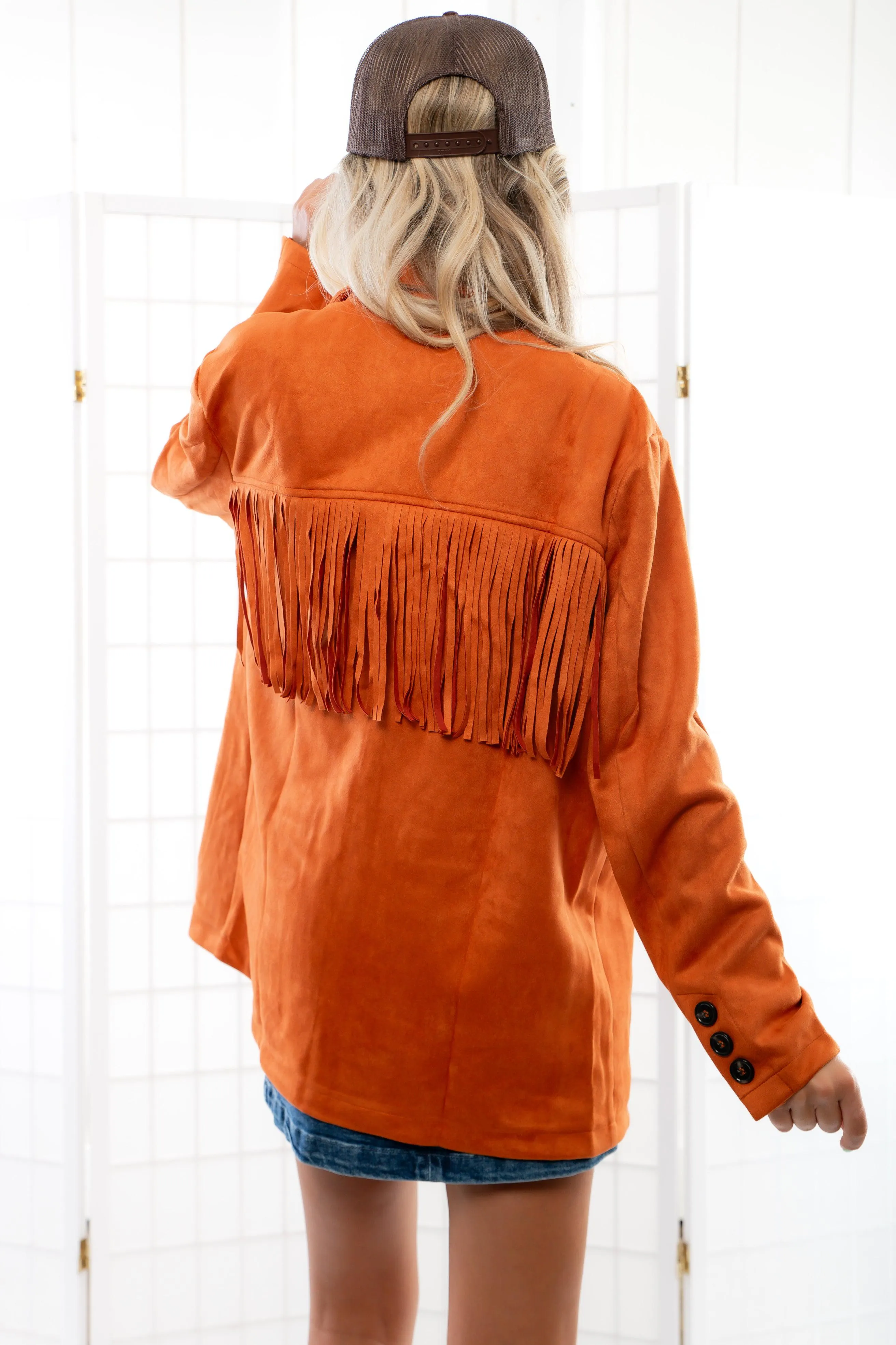 Starla Suede Burnt Orange Fringe Oversized Blazer