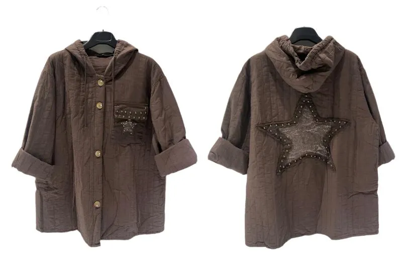 Stylish Italian Jacket With Hood & Buttoned Front One Size