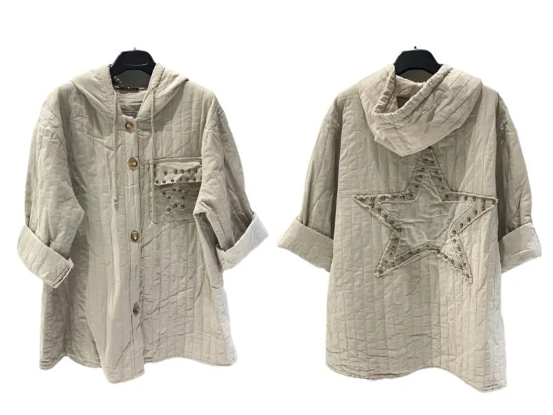 Stylish Italian Jacket With Hood & Buttoned Front One Size