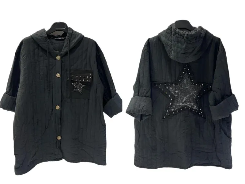 Stylish Italian Jacket With Hood & Buttoned Front One Size