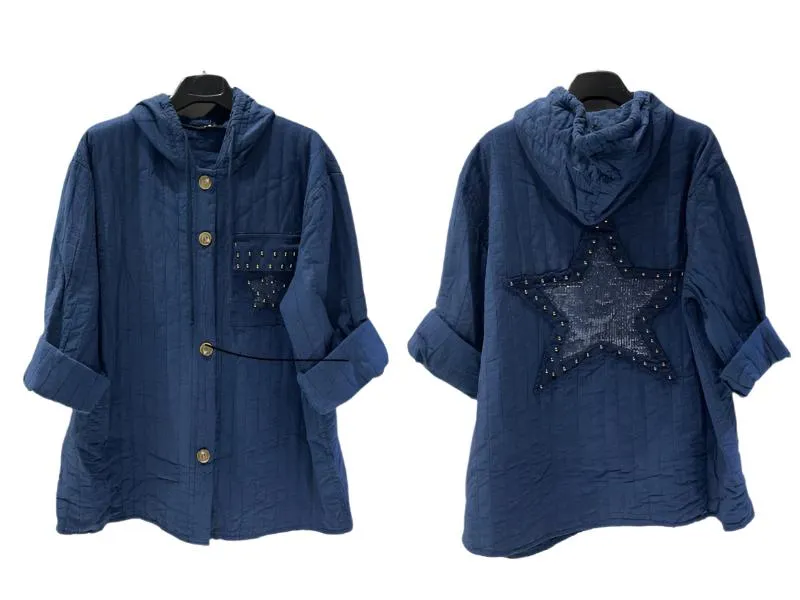 Stylish Italian Jacket With Hood & Buttoned Front One Size
