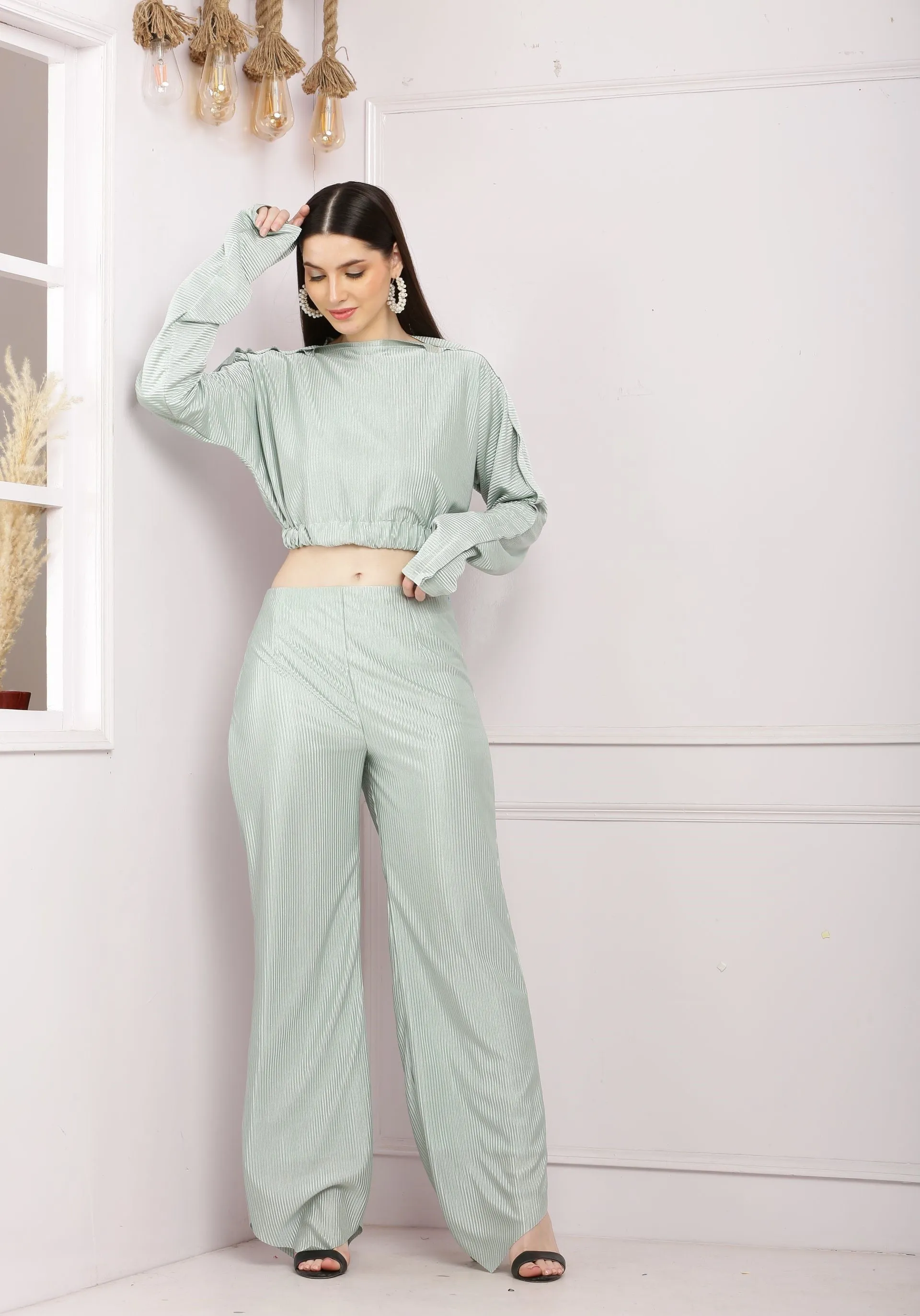 Stylish Satin Co Ord Set - Pastel Green