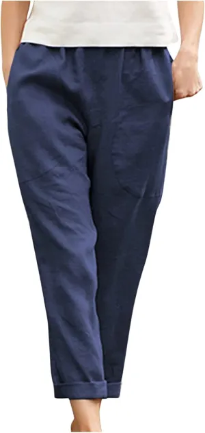 Summer Cotton Linen Pants Women Trendy Ankle Trousers High Waist Cozy Beach Pants Loose Fit Linen Straight Leg Pants