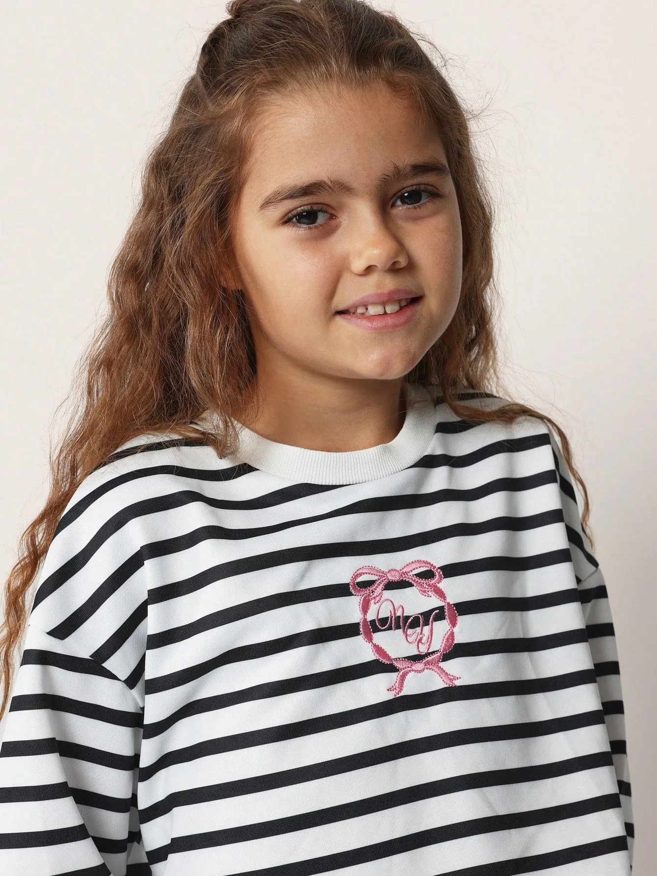 Tween Girls Comfy Stripe Boxy Fit Long Sleeve Tee With Pink Embroidery