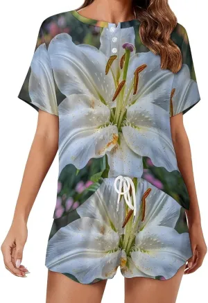White Lily Blooming Flowers Women's Pajama Sets Short Sleeve Shirt And Shorts Cozy Sleepwear Loungewear Pjs