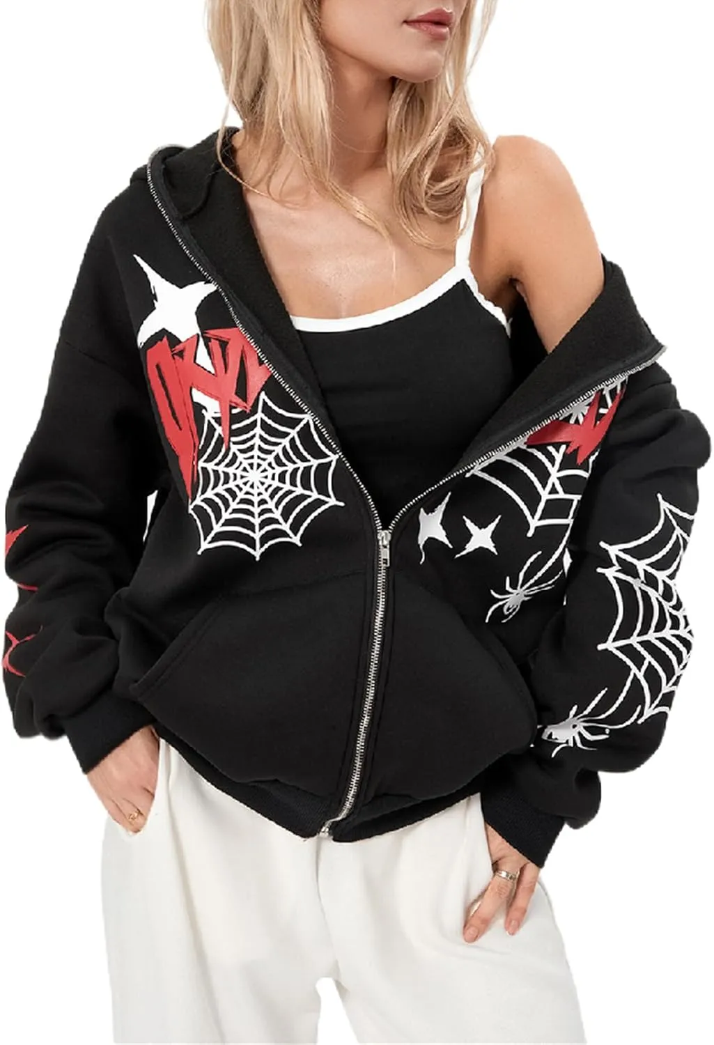 Winioder Women Y2K Spider Zip Up Hoodie Jacket Punk Goth Grunge Aesthetic Oversized Hoodies Vintage Graphic Sweatshirt