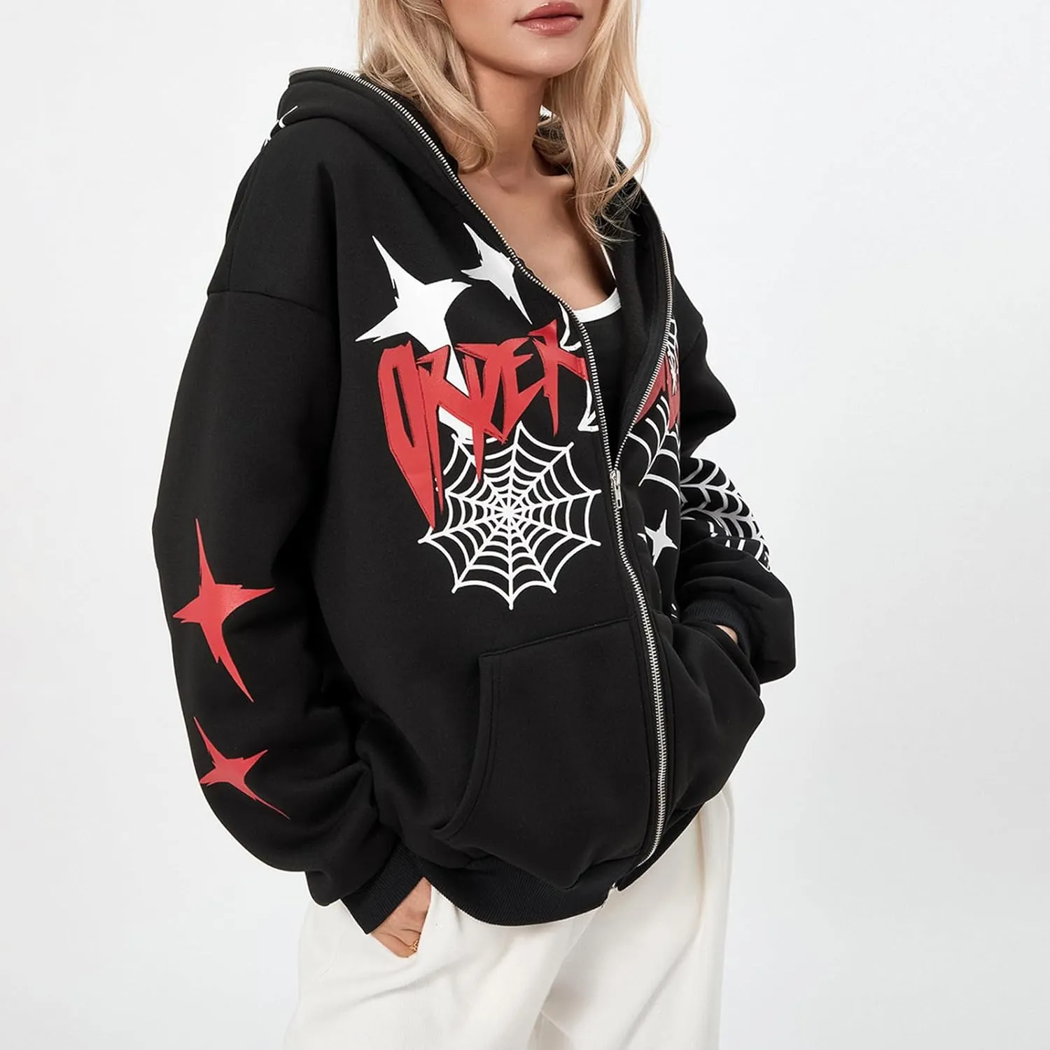 Winioder Women Y2K Spider Zip Up Hoodie Jacket Punk Goth Grunge Aesthetic Oversized Hoodies Vintage Graphic Sweatshirt