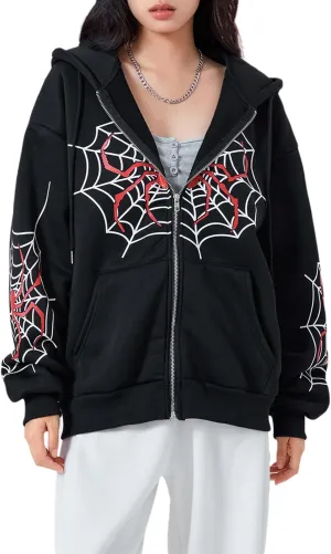 Winioder Women Y2K Spider Zip Up Hoodie Jacket Punk Goth Grunge Aesthetic Oversized Hoodies Vintage Graphic Sweatshirt