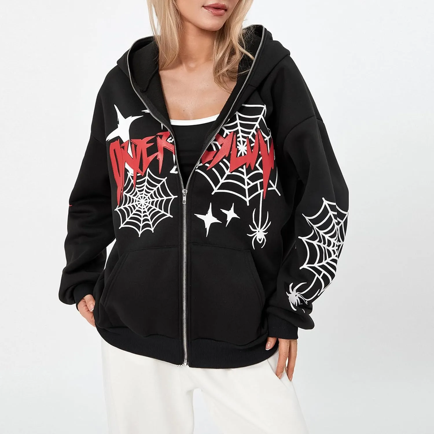 Winioder Women Y2K Spider Zip Up Hoodie Jacket Punk Goth Grunge Aesthetic Oversized Hoodies Vintage Graphic Sweatshirt