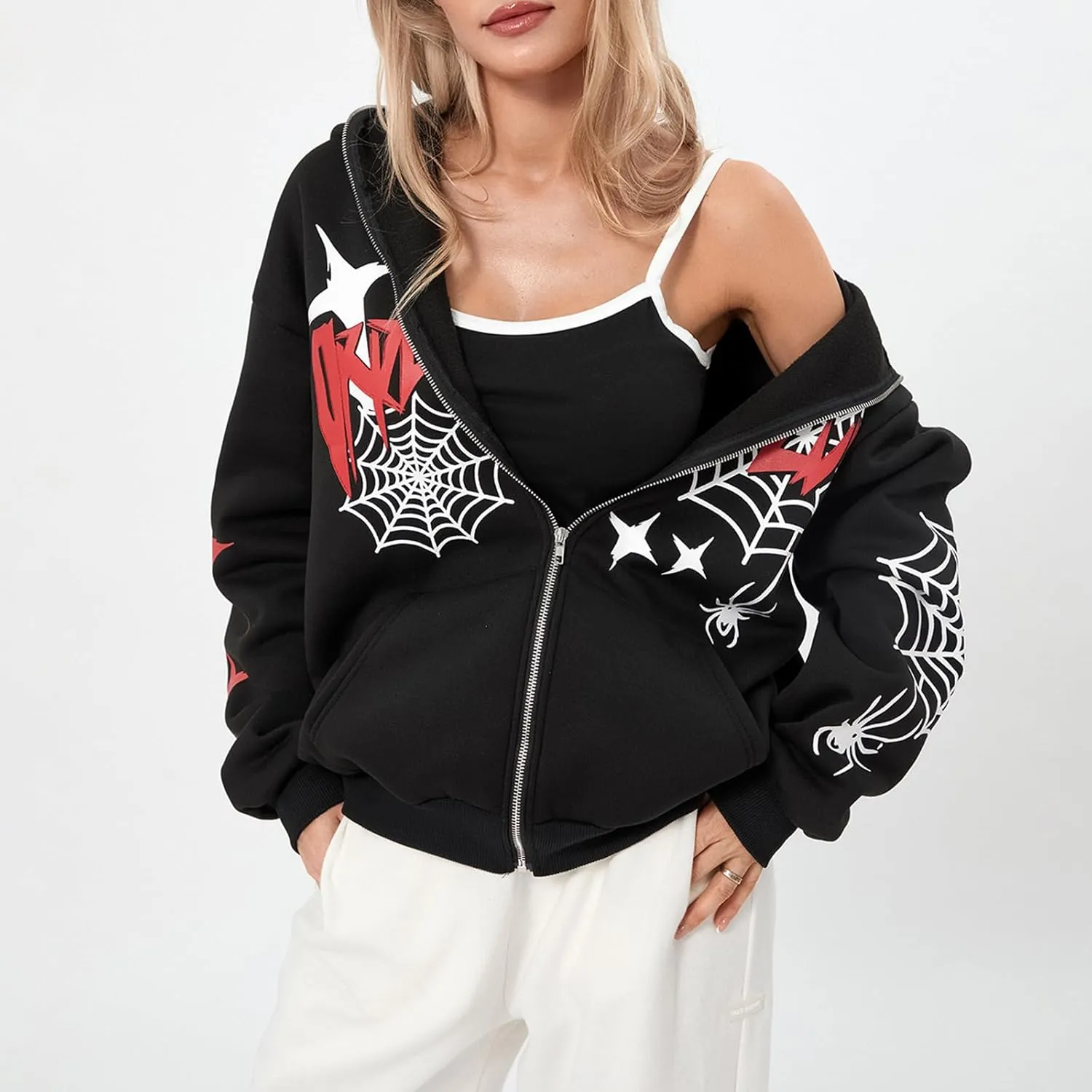 Winioder Women Y2K Spider Zip Up Hoodie Jacket Punk Goth Grunge Aesthetic Oversized Hoodies Vintage Graphic Sweatshirt