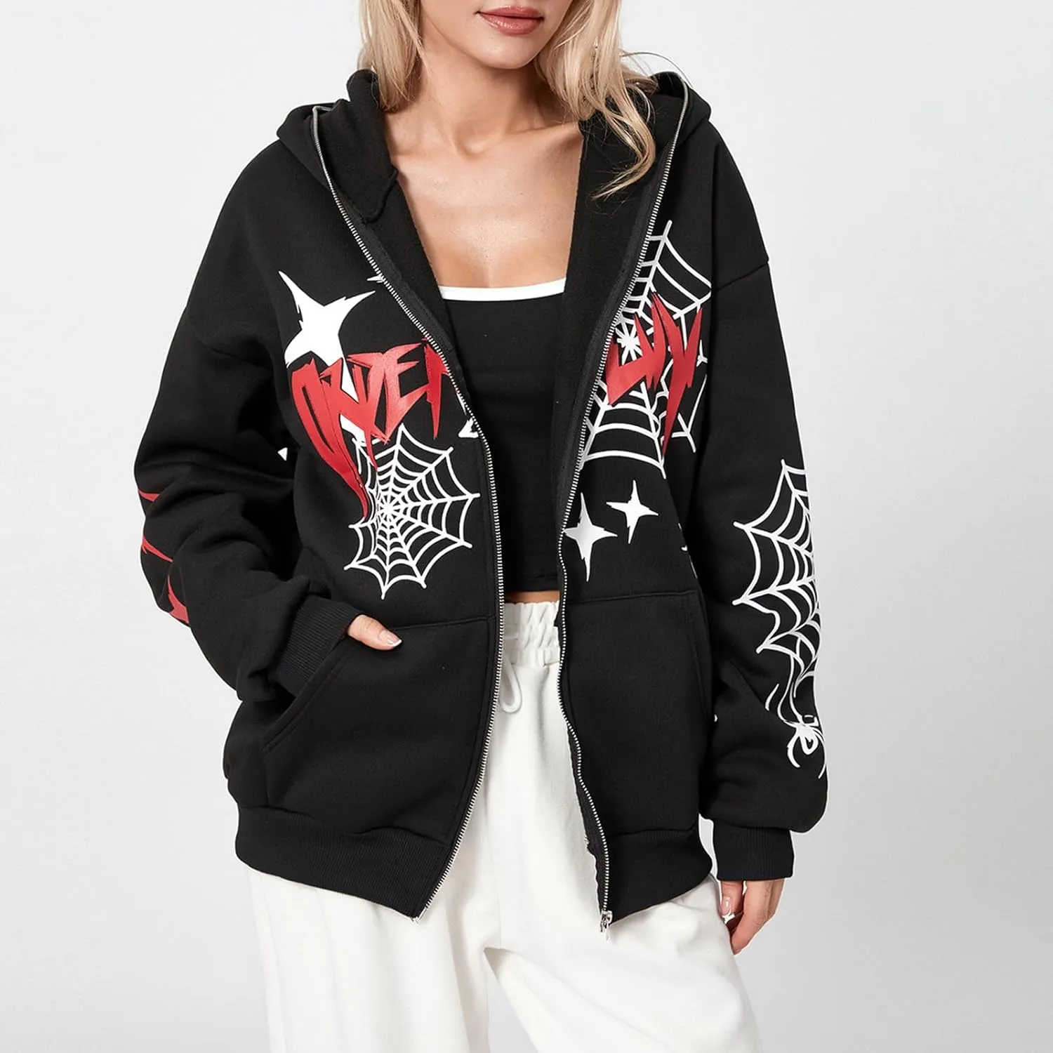 Winioder Women Y2K Spider Zip Up Hoodie Jacket Punk Goth Grunge Aesthetic Oversized Hoodies Vintage Graphic Sweatshirt