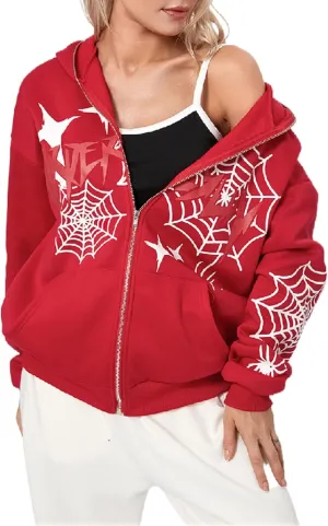 Winioder Women Y2K Spider Zip Up Hoodie Jacket Punk Goth Grunge Aesthetic Oversized Hoodies Vintage Graphic Sweatshirt
