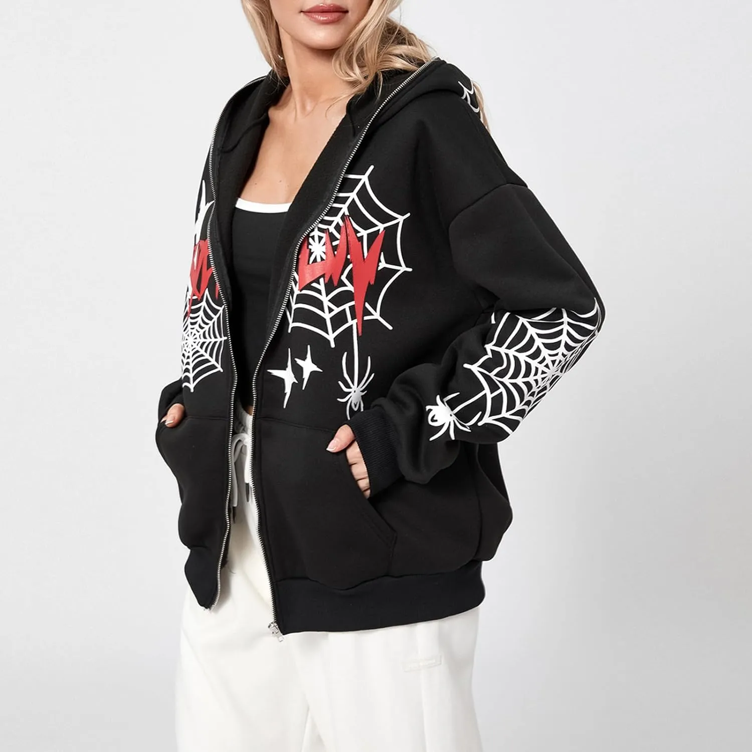 Winioder Women Y2K Spider Zip Up Hoodie Jacket Punk Goth Grunge Aesthetic Oversized Hoodies Vintage Graphic Sweatshirt