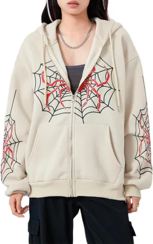 Winioder Women Y2K Spider Zip Up Hoodie Jacket Punk Goth Grunge Aesthetic Oversized Hoodies Vintage Graphic Sweatshirt