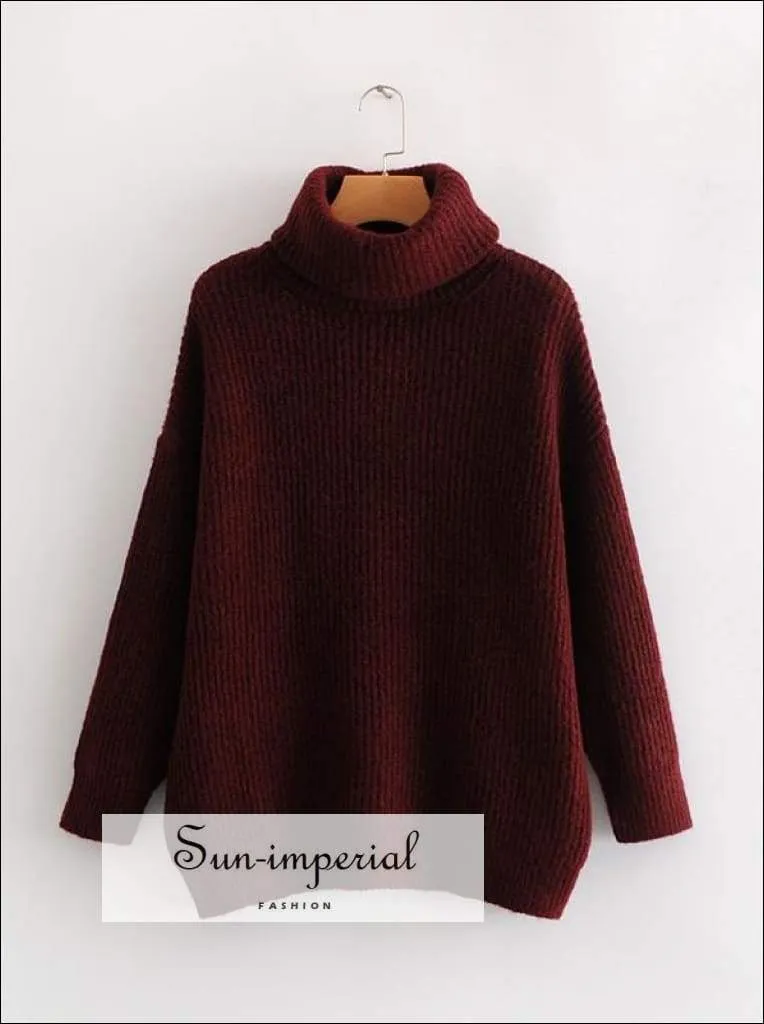 Women Brown Oversized Turtleneck Loose Pullovers Jumper Soft Warm Sweater
