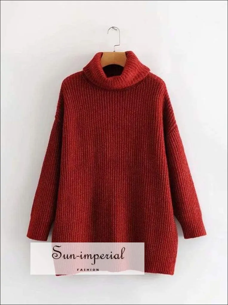 Women Brown Oversized Turtleneck Loose Pullovers Jumper Soft Warm Sweater