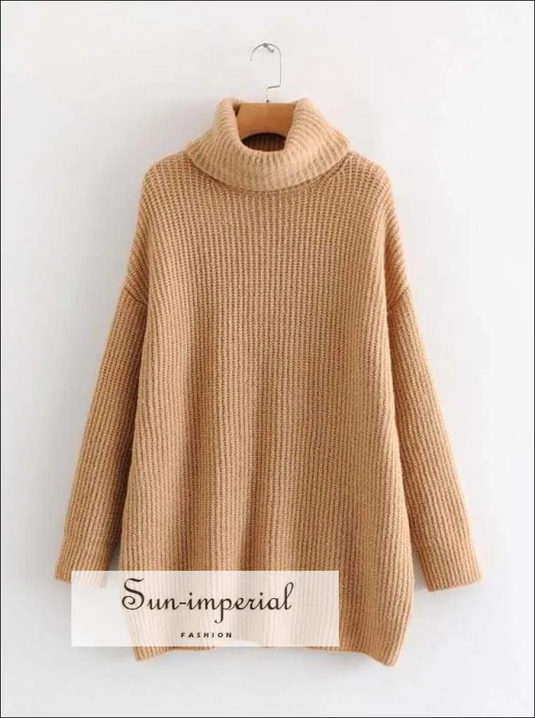 Women Brown Oversized Turtleneck Loose Pullovers Jumper Soft Warm Sweater