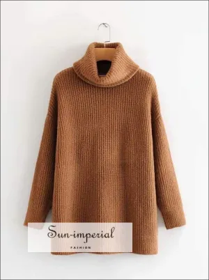 Women Brown Oversized Turtleneck Loose Pullovers Jumper Soft Warm Sweater