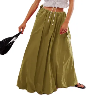 Women Bubble A-Line Maxi Skirt Casual Solid Color Elastic Waist Side Tie Long Skirt Summer Beach Vacation Streetwear
