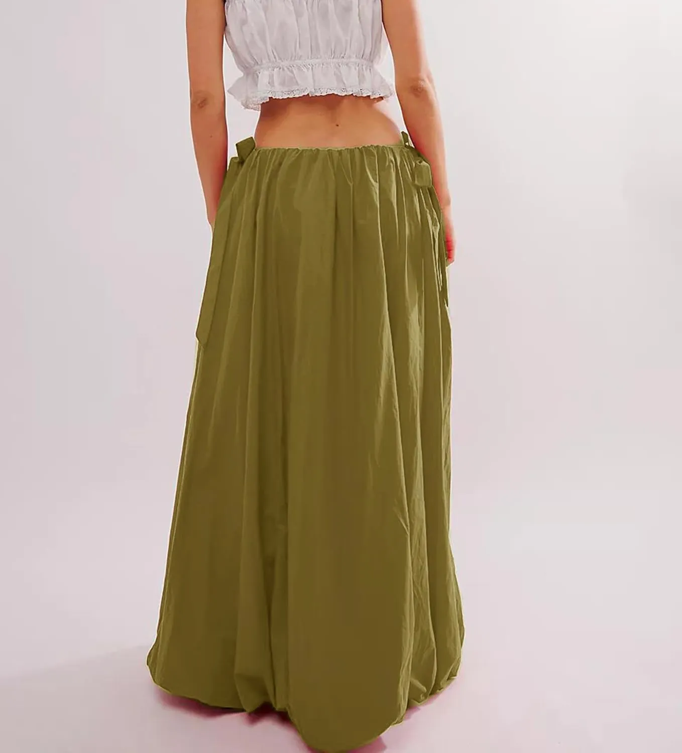 Women Bubble A-Line Maxi Skirt Casual Solid Color Elastic Waist Side Tie Long Skirt Summer Beach Vacation Streetwear