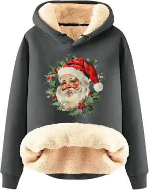 Women Christmas Fleece Lined Hoodies Santa Claus Graphics Plush Sweatshirts Trendy Loose Fit Oversize Pullovers