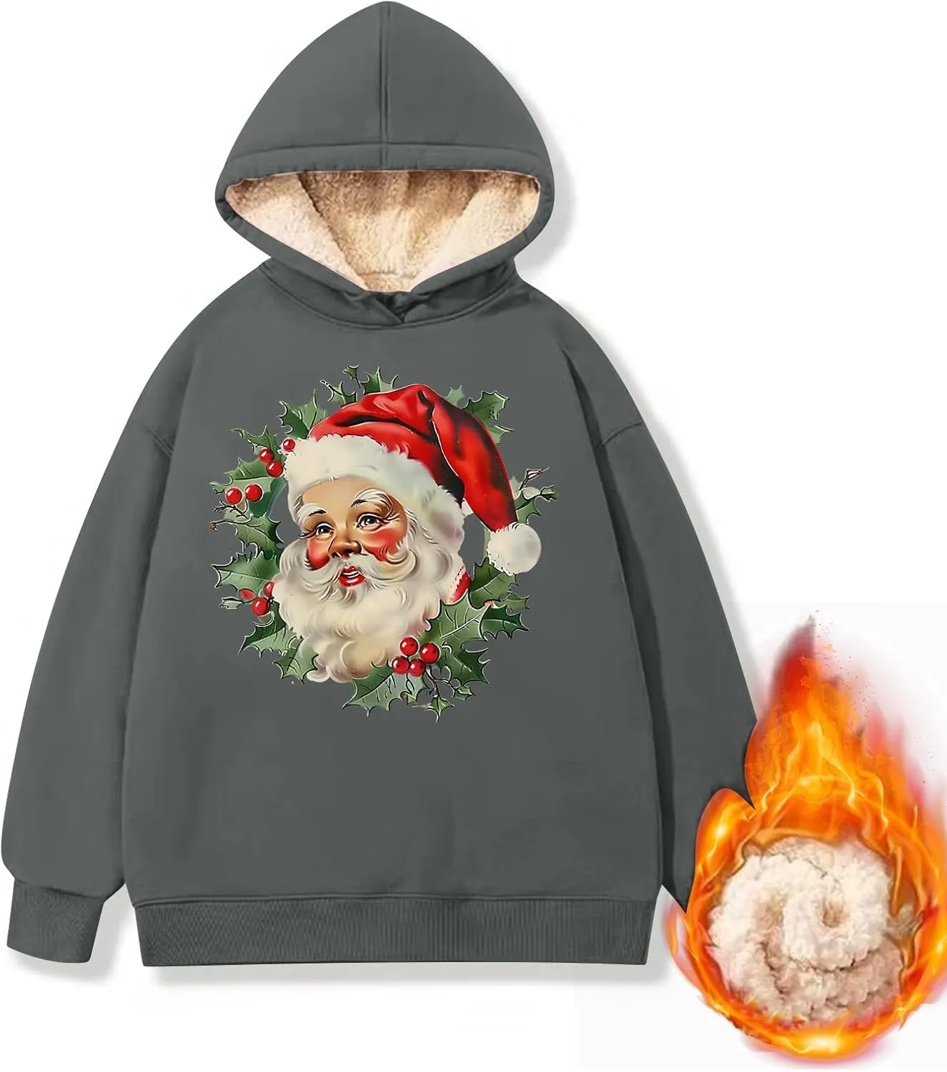 Women Christmas Fleece Lined Hoodies Santa Claus Graphics Plush Sweatshirts Trendy Loose Fit Oversize Pullovers