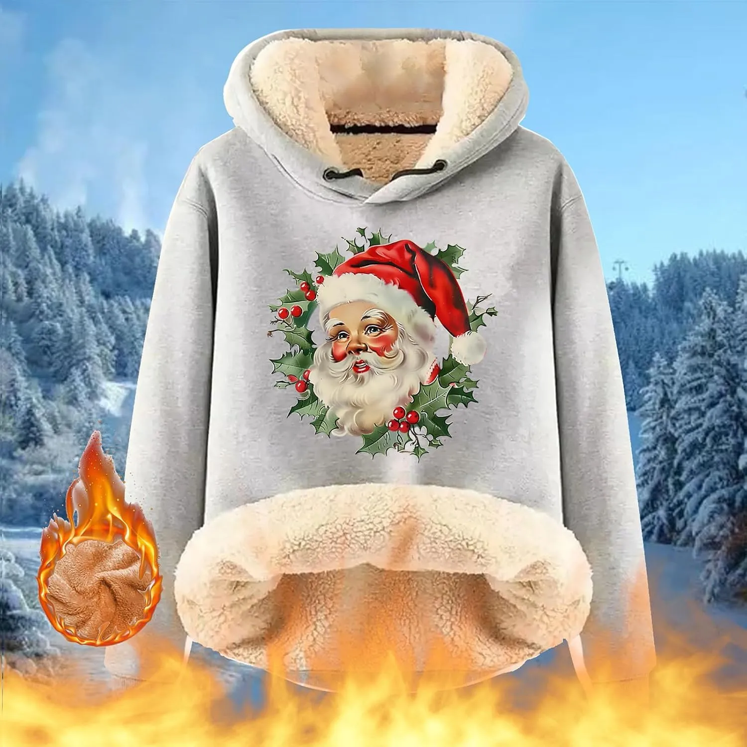 Women Christmas Fleece Lined Hoodies Santa Claus Graphics Plush Sweatshirts Trendy Loose Fit Oversize Pullovers