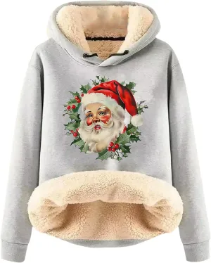 Women Christmas Fleece Lined Hoodies Santa Claus Graphics Plush Sweatshirts Trendy Loose Fit Oversize Pullovers