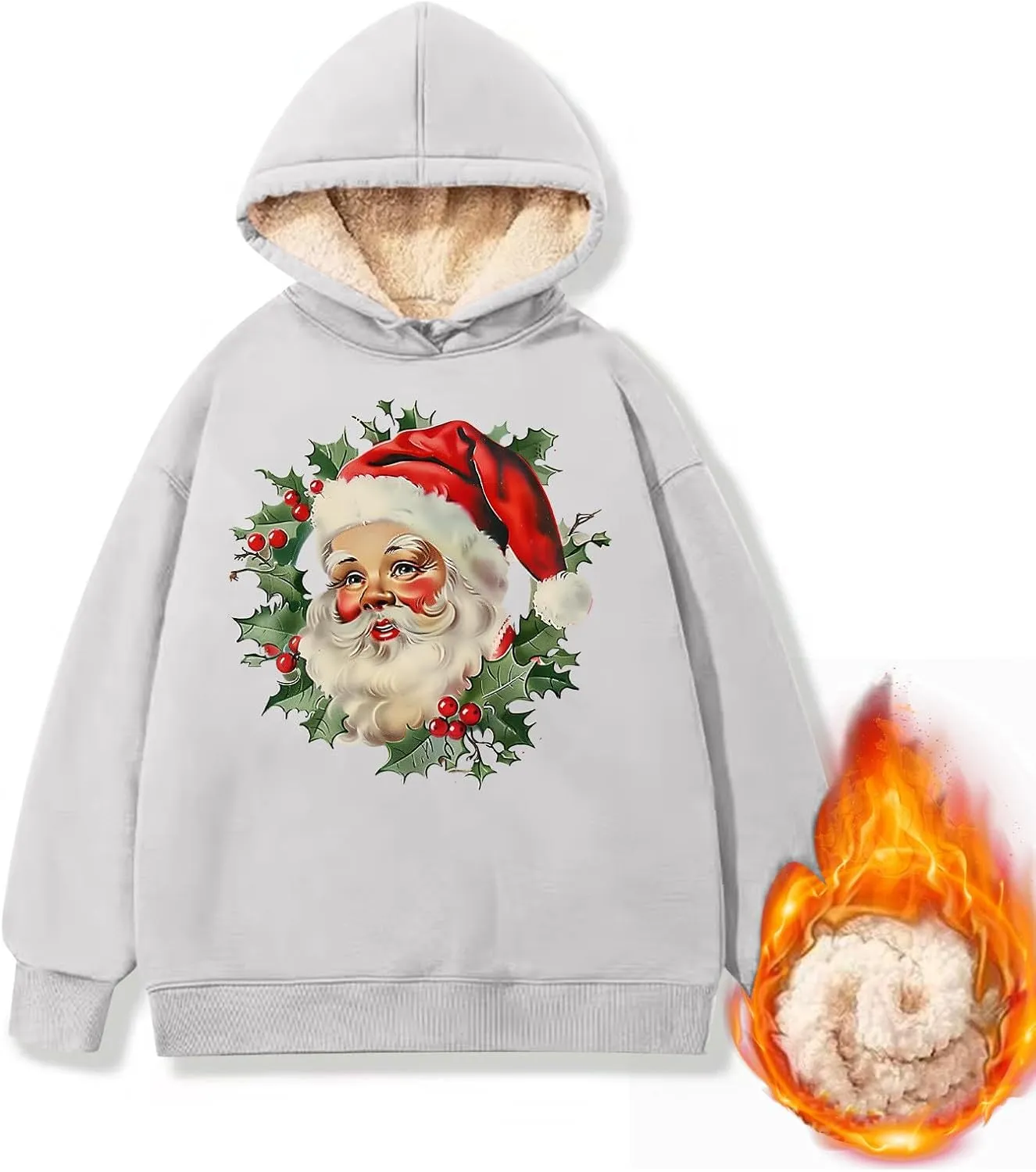 Women Christmas Fleece Lined Hoodies Santa Claus Graphics Plush Sweatshirts Trendy Loose Fit Oversize Pullovers
