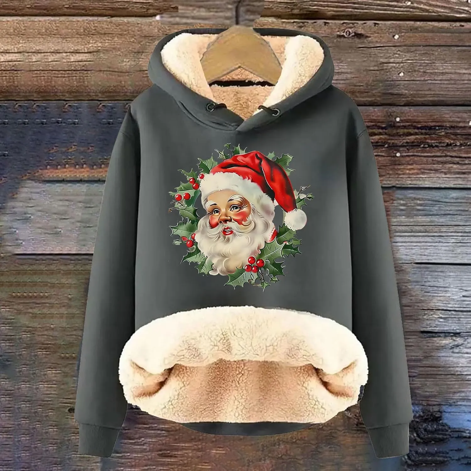 Women Christmas Fleece Lined Hoodies Santa Claus Graphics Plush Sweatshirts Trendy Loose Fit Oversize Pullovers