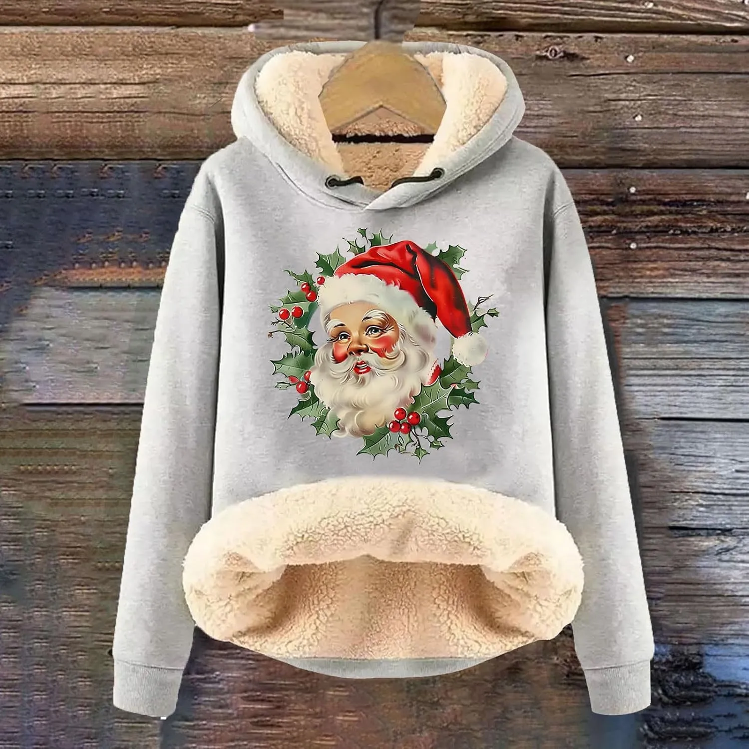 Women Christmas Fleece Lined Hoodies Santa Claus Graphics Plush Sweatshirts Trendy Loose Fit Oversize Pullovers