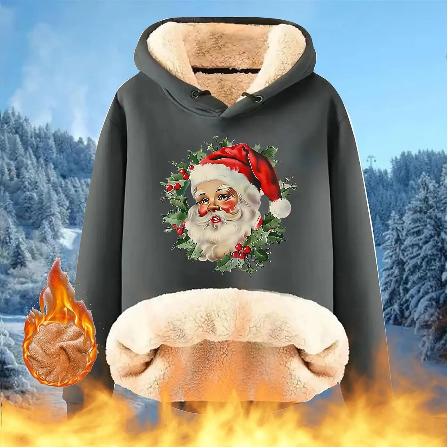 Women Christmas Fleece Lined Hoodies Santa Claus Graphics Plush Sweatshirts Trendy Loose Fit Oversize Pullovers