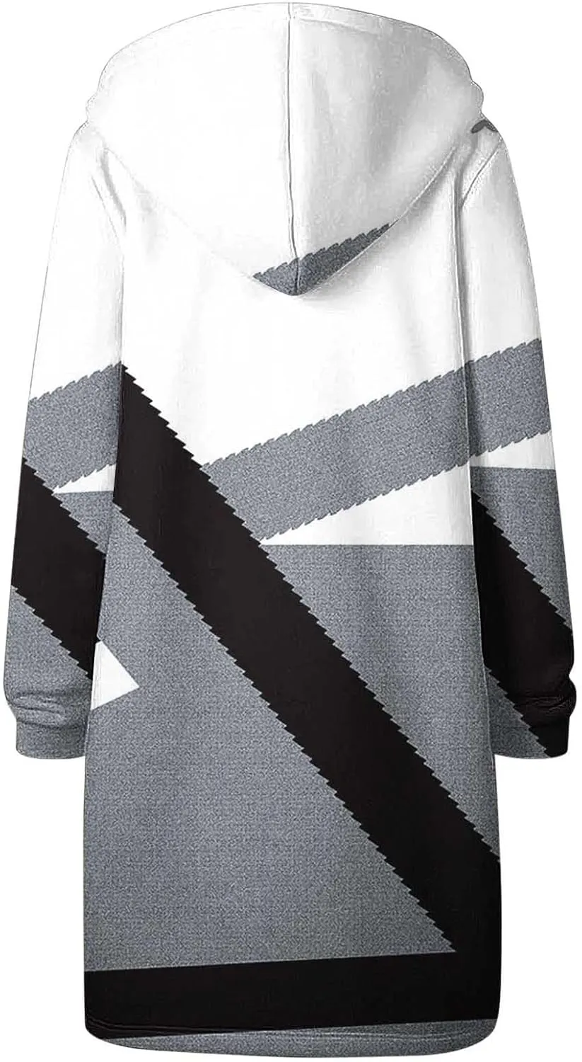 Women Color Block Long Hoodie Jackets Zip Up Oversized Fleece Tunic Sweatshirts Winter Long Sleeve Drawstring Coats