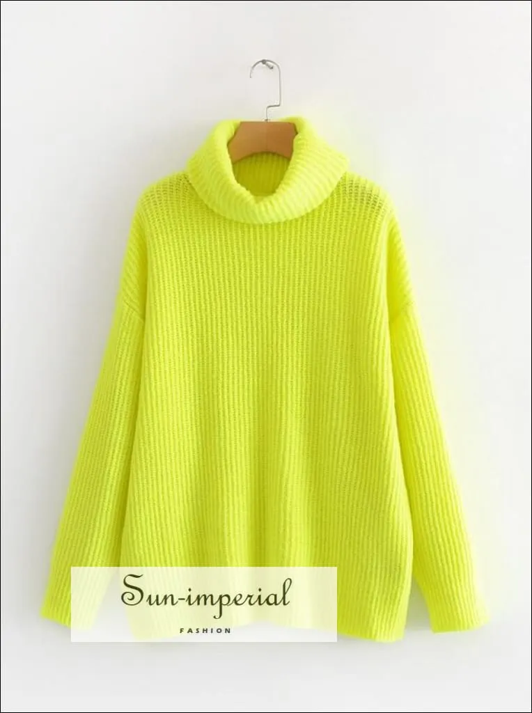 Women Hot Pink Oversized Turtleneck Loose Pullovers Jumper Soft Warm Sweater