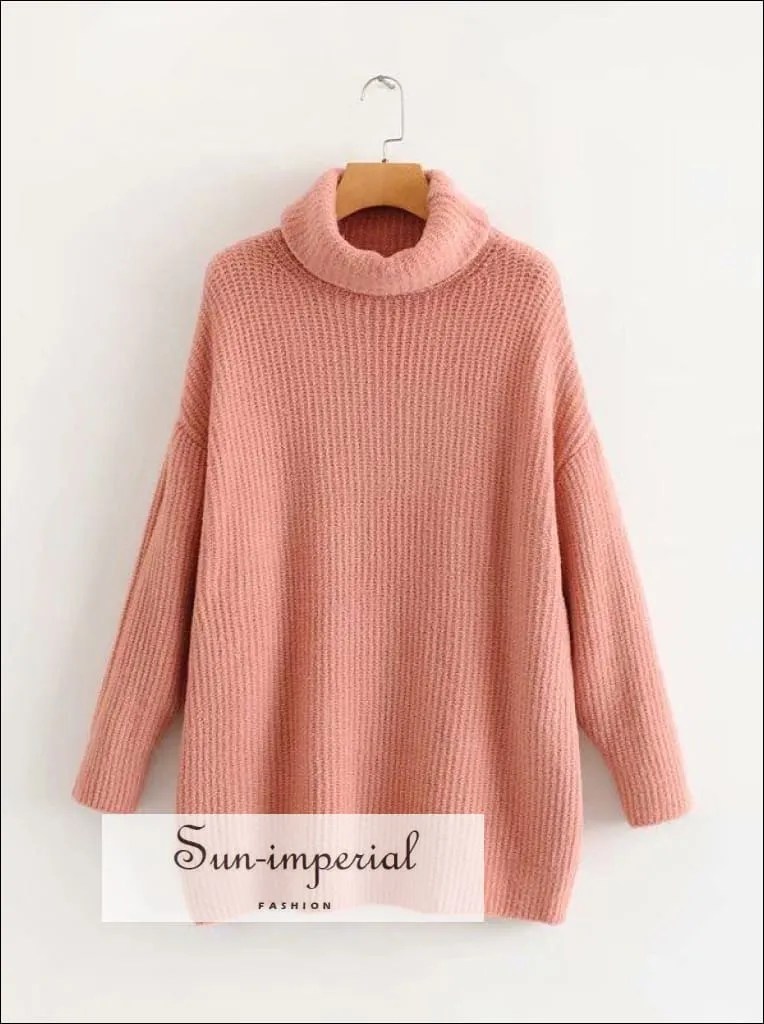 Women Hot Pink Oversized Turtleneck Loose Pullovers Jumper Soft Warm Sweater