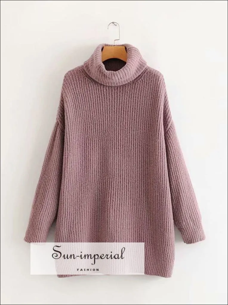 Women Hot Pink Oversized Turtleneck Loose Pullovers Jumper Soft Warm Sweater