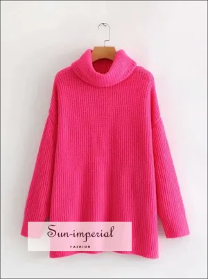 Women Hot Pink Oversized Turtleneck Loose Pullovers Jumper Soft Warm Sweater