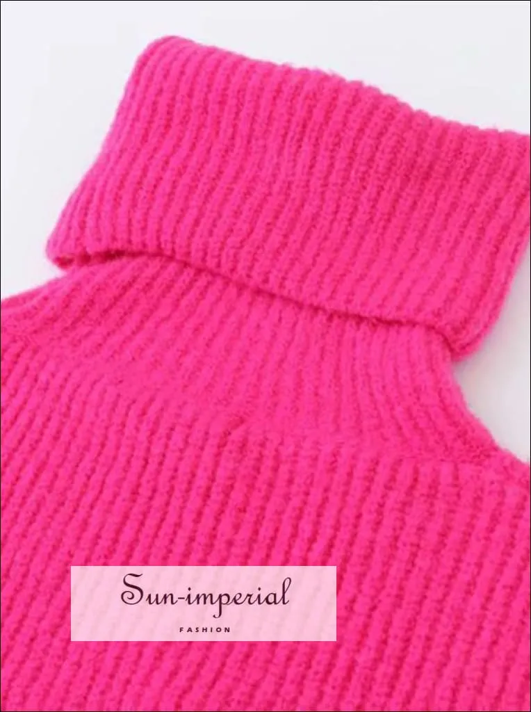 Women Hot Pink Oversized Turtleneck Loose Pullovers Jumper Soft Warm Sweater