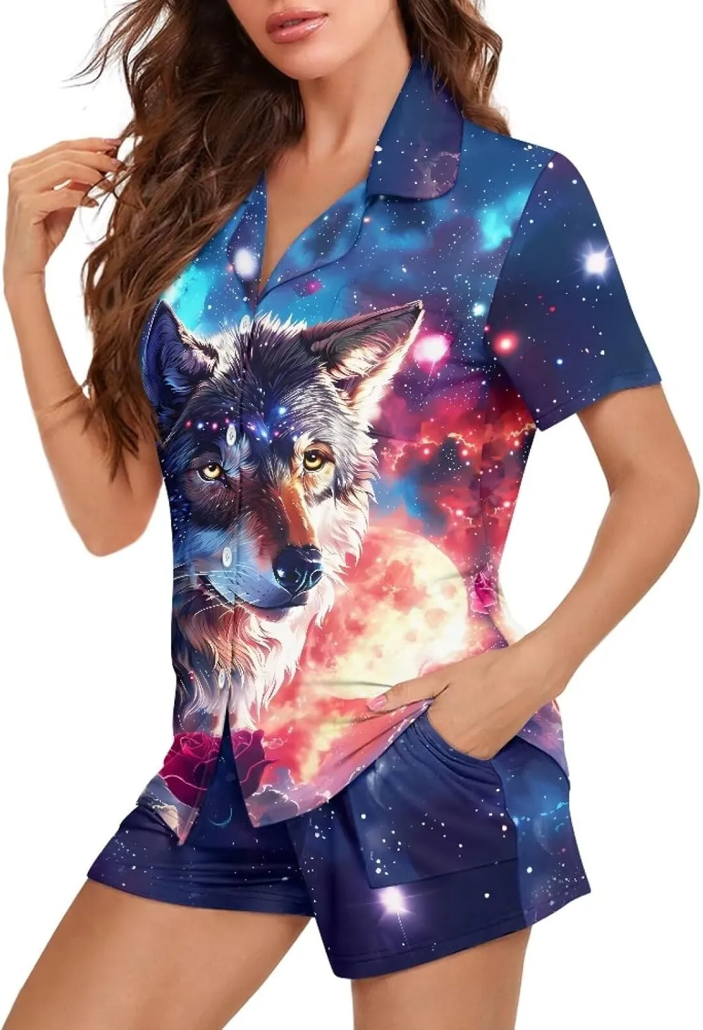 Women Pajama Set 2-Piece Notch Neck Short Sleeve Shirt with Sleep Shorts Soft Cozy Loungewear