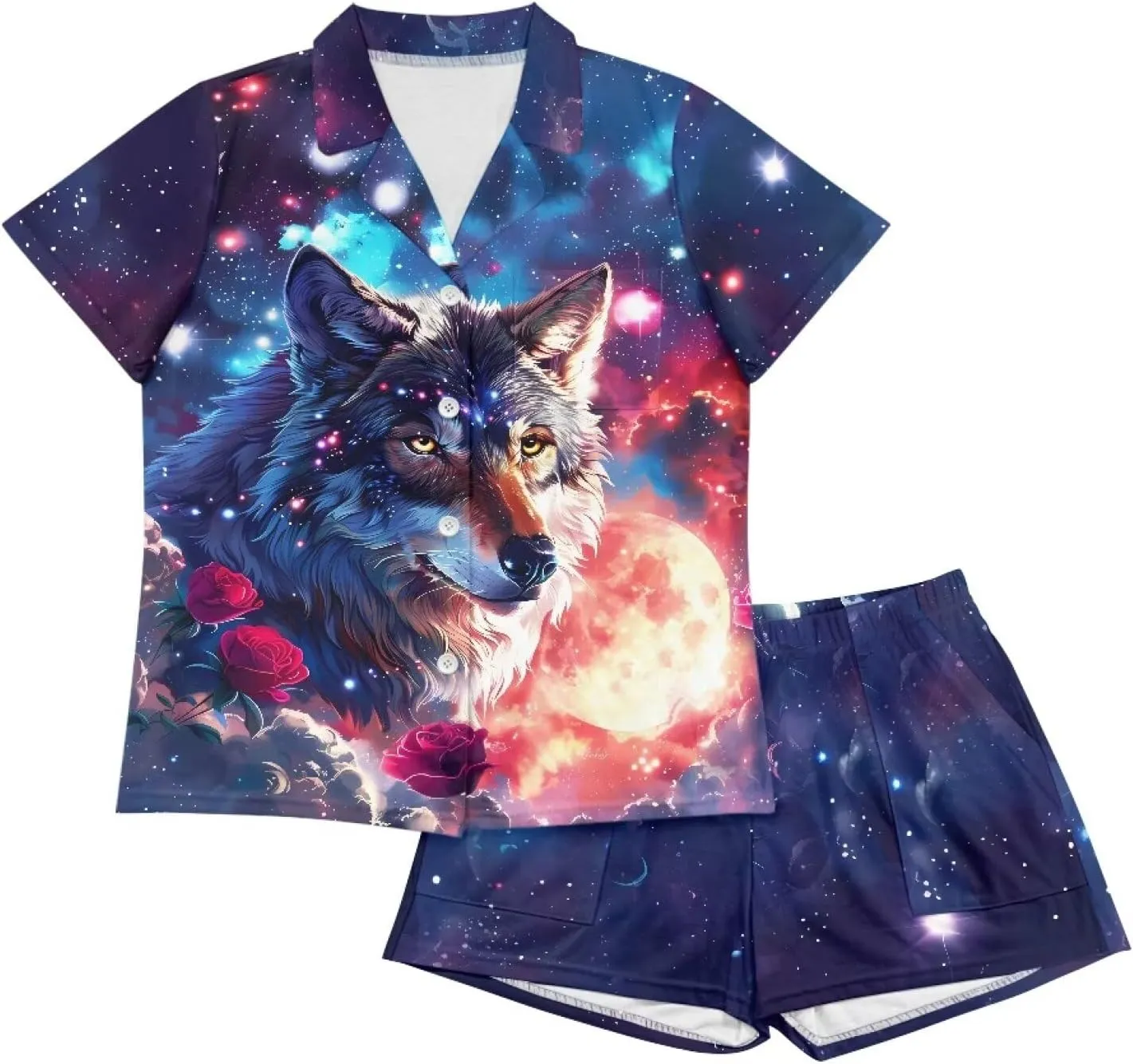Women Pajama Set 2-Piece Notch Neck Short Sleeve Shirt with Sleep Shorts Soft Cozy Loungewear