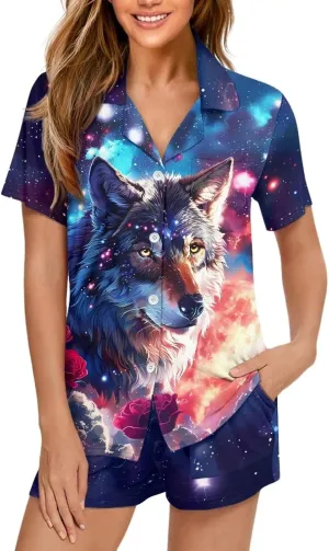 Women Pajama Set 2-Piece Notch Neck Short Sleeve Shirt with Sleep Shorts Soft Cozy Loungewear